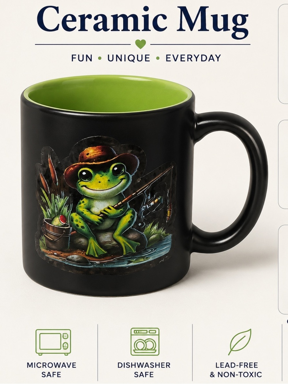 NEW IN BOX Hand Crafted Black Mug with Green Interior and Fishing Frog